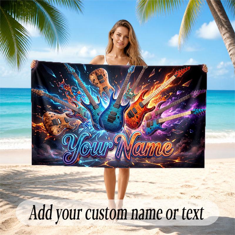 Music Guitar Theme Beach Towel Personalized Custom Name & Text Soft Quick Dry Beach Towel for Swimming Travel