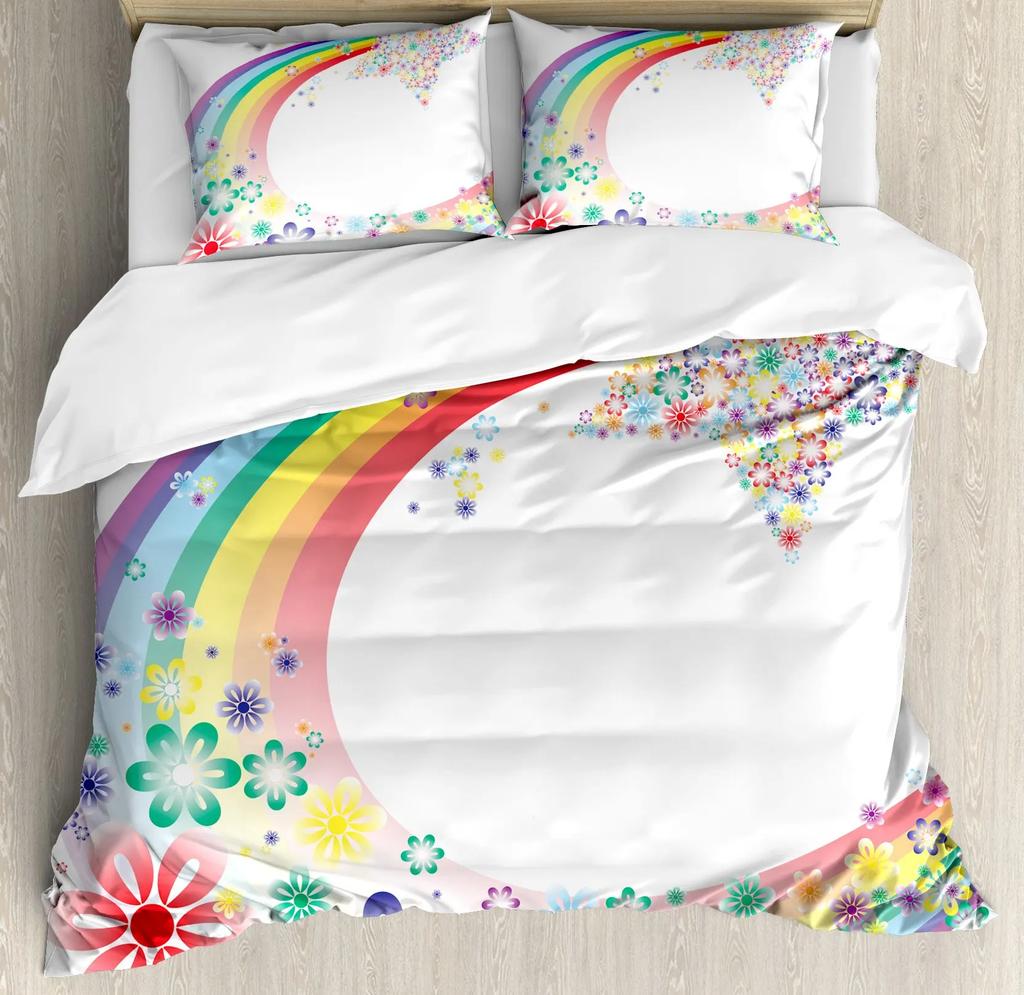 Rainbow Duvet Cover Set, Colorful Abstract Geometric Pattern with Shapes Rainbow, Decorative Bedding Set