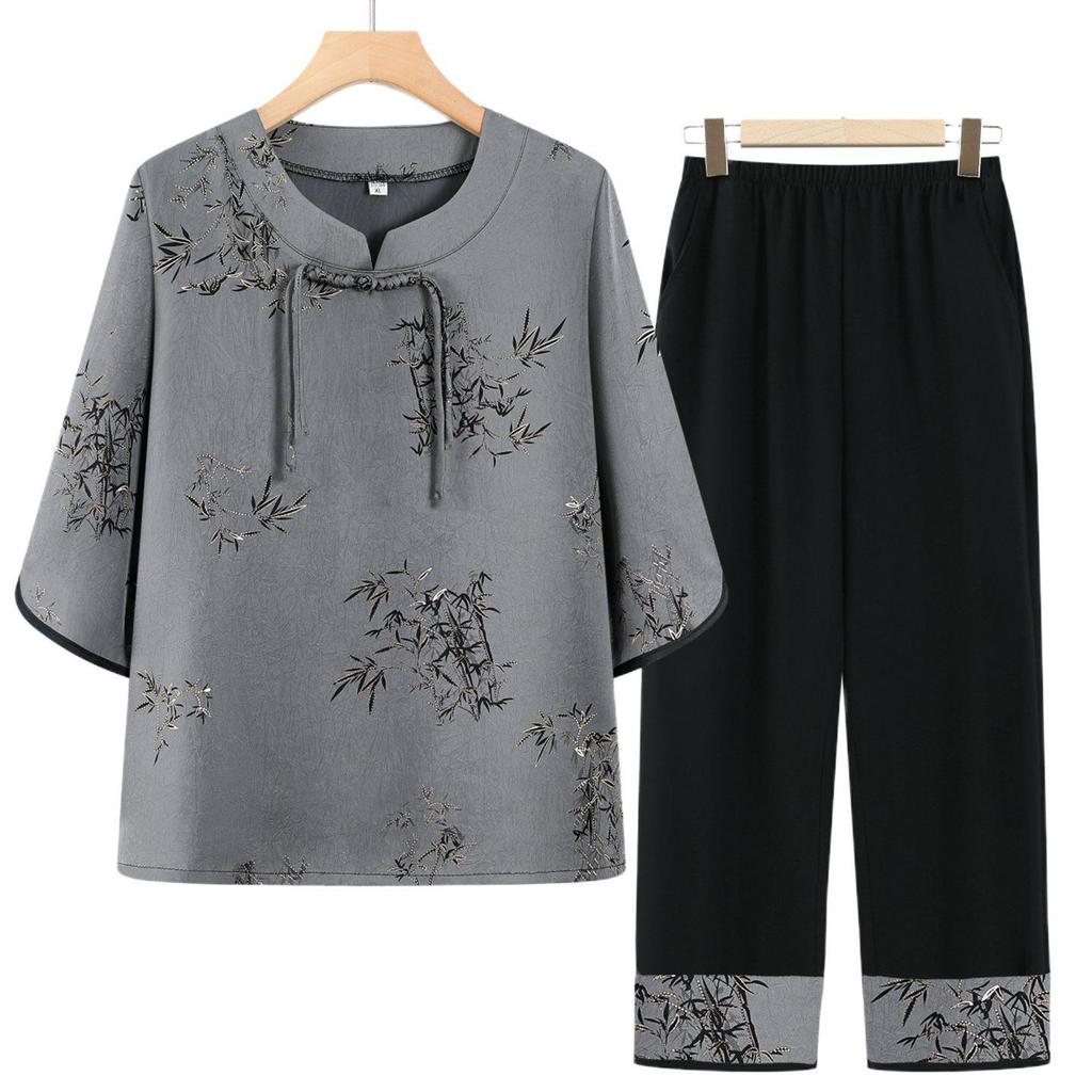 Chinese Style Summer Two-Piece Set: Short-Sleeved Outfit for Middle-Aged & Elderly Women