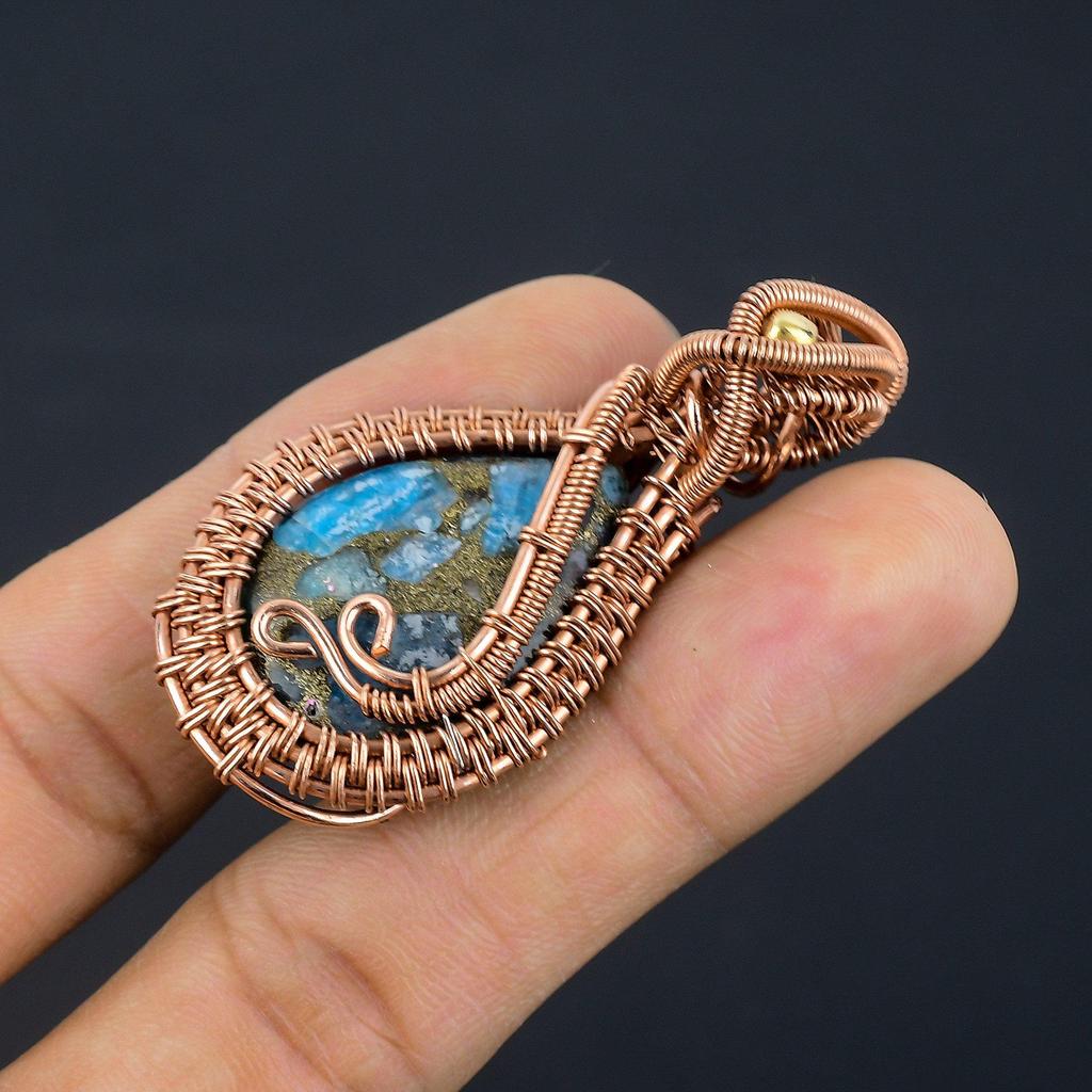 Copper Neon Apatite Pendant Gemstone Jewelry, 999 Copper Wire Wrapped Handmade Pendant, Latest Design Jewelry