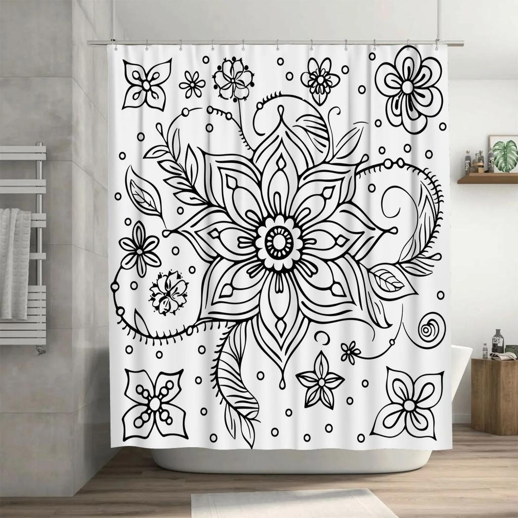 Black White Floral Shower Curtain Decorative Pattern for Home Bathroom Modern Design with Leaves and Petals Print