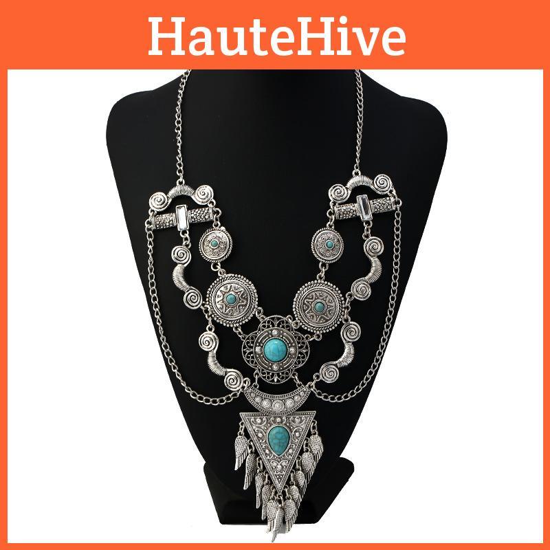 Wing Alloy Vintage Necklace With Turquoise Embellishments For Boho Style