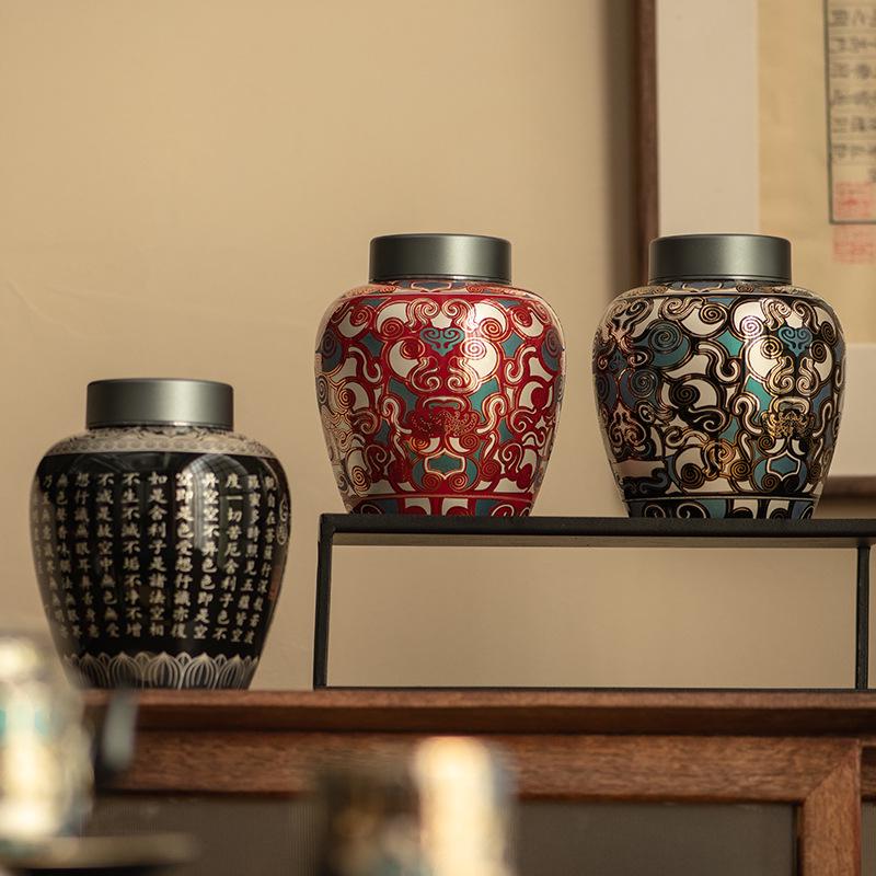 Taotie Ceramic Tea Can with Gold & Silver Inlay - Double-Metal Lid & Sealed Storage, Retro Chinese Design
