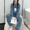 **Kadın Flanel Pijama Takımı Yuvarlak Yaka Jakarlı Uzun Peluş Kalın Sıcak Ev Giyimi**