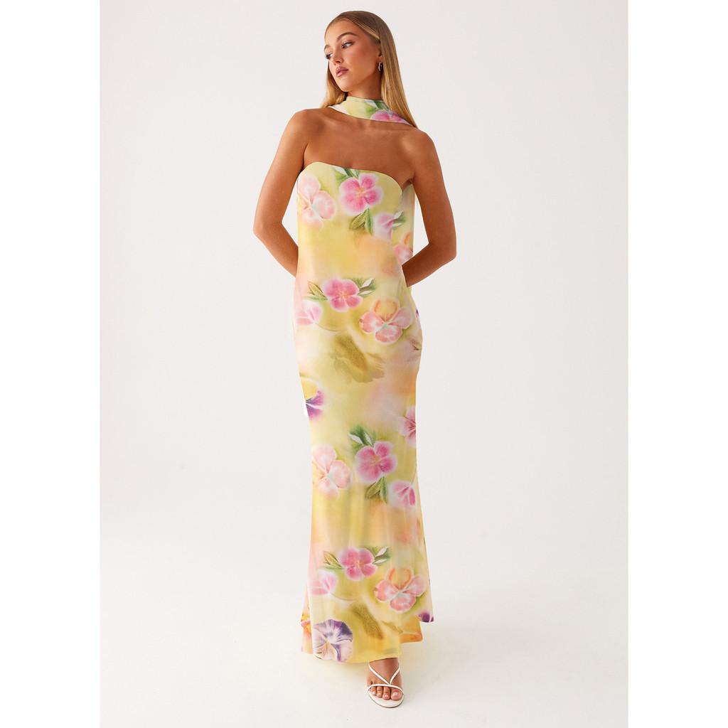 Maxi Abito in Chiffon Floreale Francese con Zip per Vacanze Estive al Mare