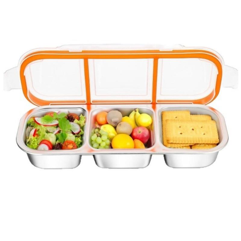 

3 Compartment Stainless Steel Divided Food Container 3 Sections 600ml Lunch Box With Plastic Lid For Adults Kids 1