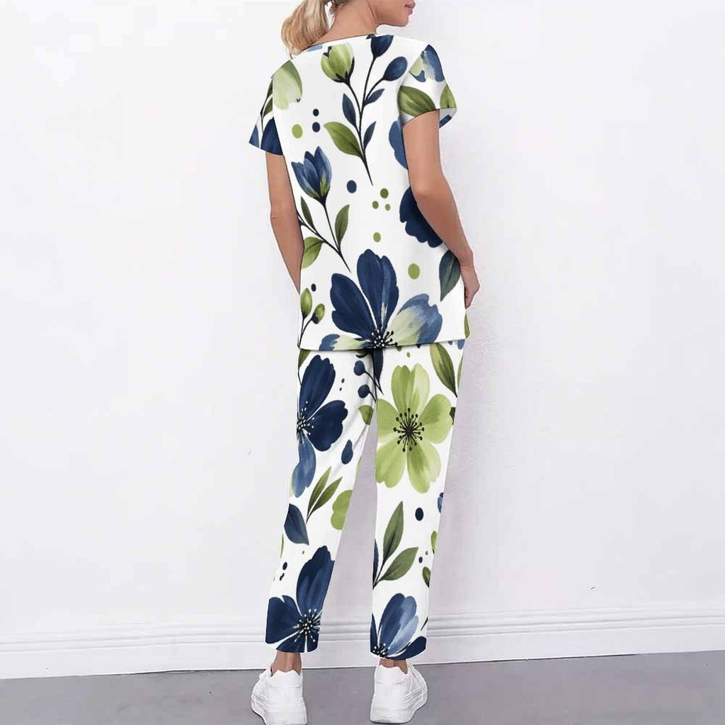 Women Plus Size Floral Printed Cutout Neck Short Sleeve Scrub Set With Pockets Top And Long Pants Two Piece