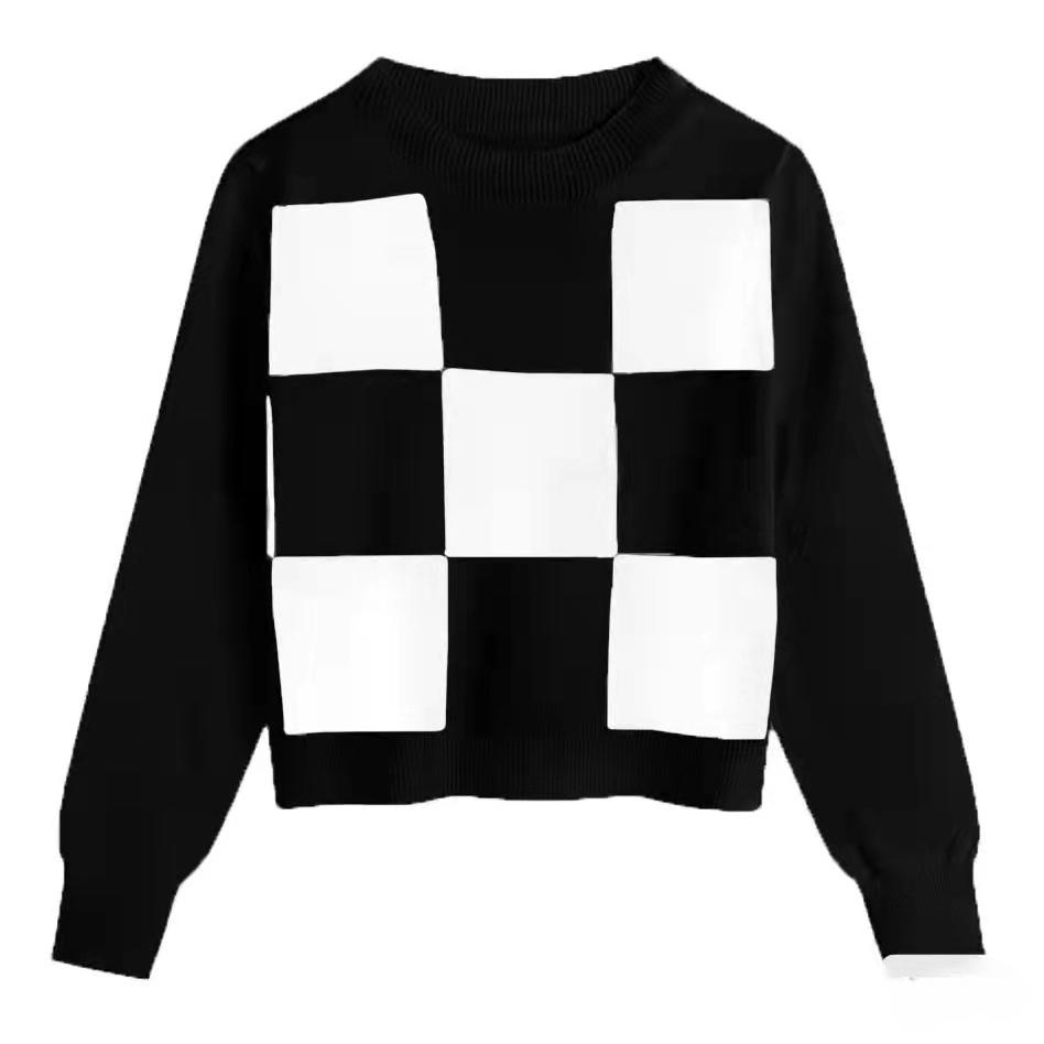 

Осенний свитер женский вязаный свитер с узором в шахматную доску женский полувысокий воротник длинный рукав вязаный короткий свитер L чёрный