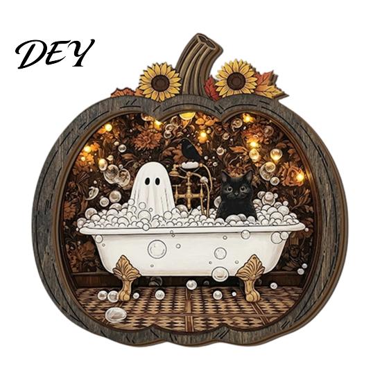 Halloween Bookstore Scene Ghost Wooden Tabletop Ornament, 2D Flat Cute Reading Bathing Whimsical Book Nook Watering Plaque with Stand for Home Shelf,