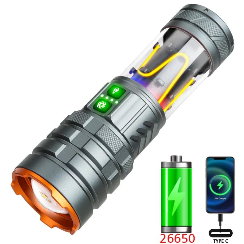 Super Bright 7070 LED Flashlight USB Rechargeable Tactical Zoom Flashlights with Red Yellow White Blue Light Spotlights Torch