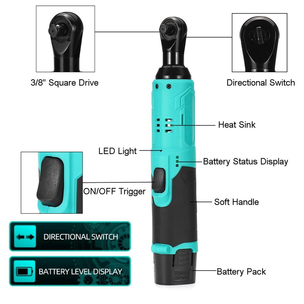 250W Rechargeable Angle Drill 3/8" Ratchet Wrench Set Screwdriver Wrench Tools 47N.m Cordless Electric Wrench with 2 Battery Charger