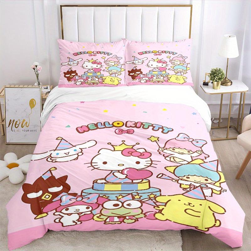 3pcs Party Hello Kitty and Friends Bedding Set - 1 Soft Quilt Cover + 2 Pillowcases, Machine Washable - Suitable for All Seasons, Perfect Gi