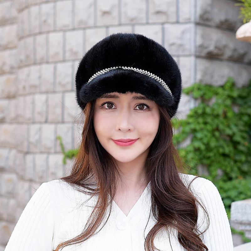 

Осенне-зимняя норковая шапка женская норковая шапка со стразами норковый берет с бриллиантами термоуниверсальная меховая шапка Adjustable