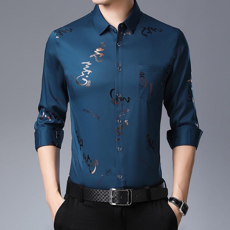 Men Casual Slim Fit Long Sleeve Thin Non Iron Letter Print Shirt