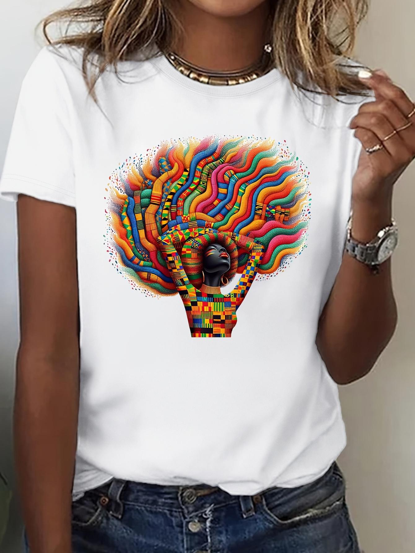 

Жіноча футболка європейського розміру на Місяць афроамериканської історії - Біла ретро-зачіска африканки та принт карти Африканського континенту 4XL