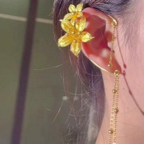 Golden Flower Ear Hanging Women's New Chinese Style Light Luxury Temperament Fashion High Sense Versatile Earrings Bridal Show He Accessories