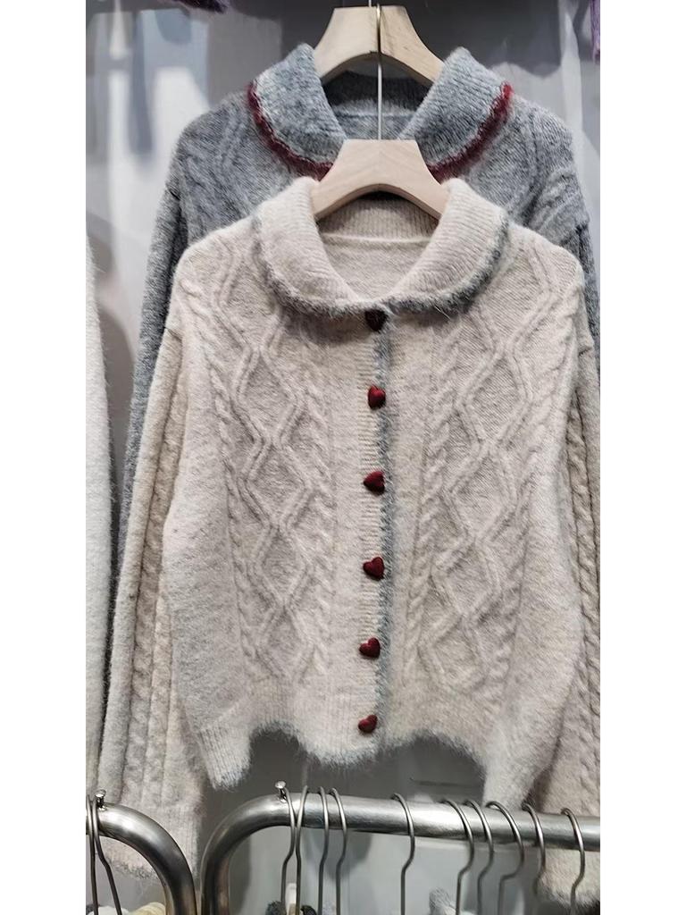 Koreanischer Stil Herzknopf Zopfstrick-Cardigan mit Puppenkragen für Damen, perfekt für Herbst und Winter