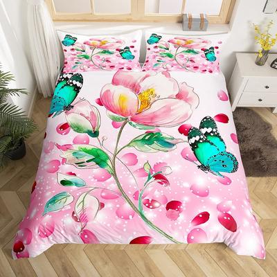Schmetterling und Blume Bettbezug Mädchen Traumtiere Floral Bettdeckenbezug Mikrofaser Romantisches Thema Gartenblumen Bettwäscheset