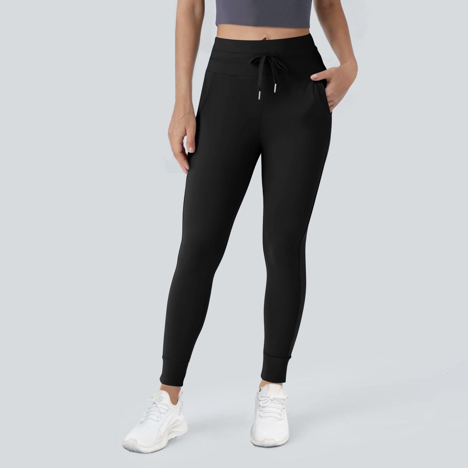 

Женские брюки с высокой талией и боковым карманом на шнуровке, простые крутые брюки для йоги полной длины XS чёрный