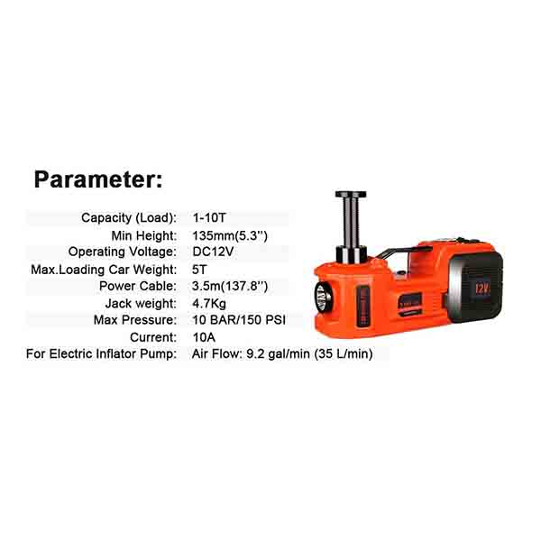 3 In 1 5ton Car Floor Jack Electric Hydraulic Car Jack 12V with Inflator Pump LED Light for Truck Tire Repair Tool QZ001
