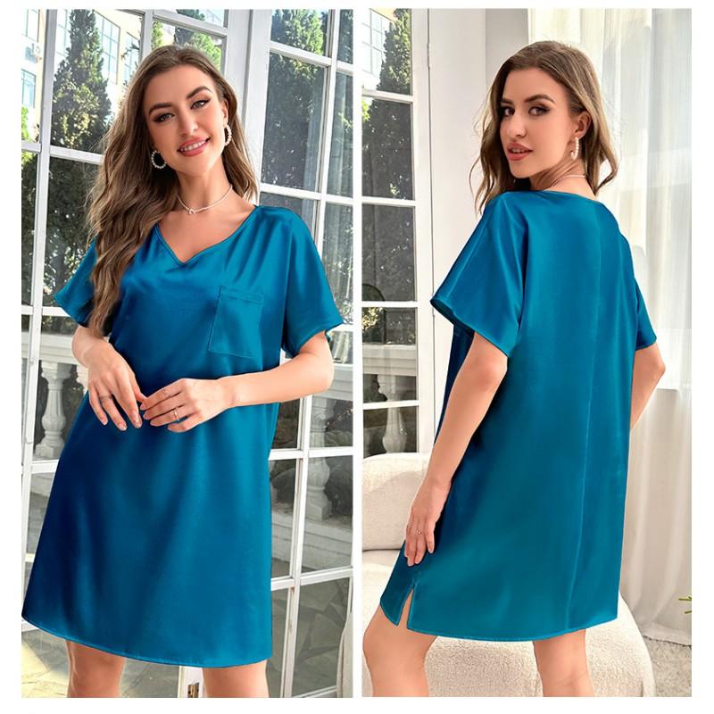Womens Plus Size Ice Silk Sleep Dress Lightweight V-Neck Short Sleeve Nightgown Home Comfort