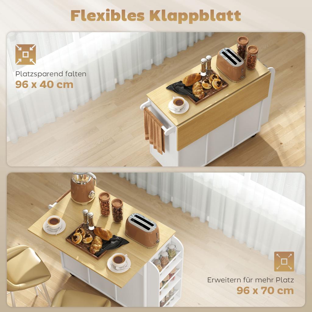 Rolling Kitchen Island, Fold-Out Worktop, Soft-Close Cabinet Doors, Drawers, Towel Holder, MDF, White