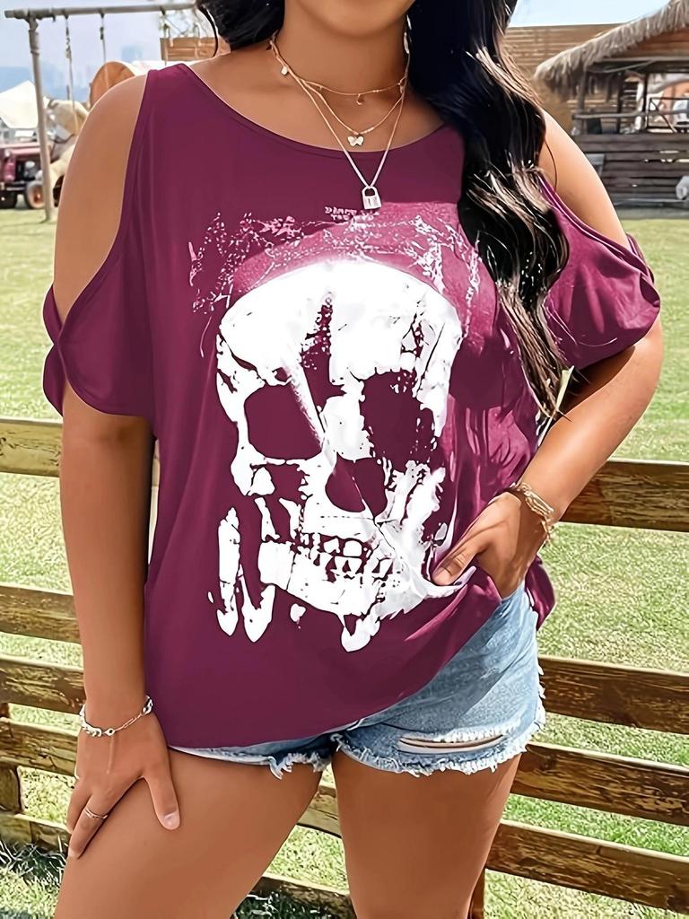 New Plus Size Gothic Skull 3D Print Casual Off-the-Shoulder Top