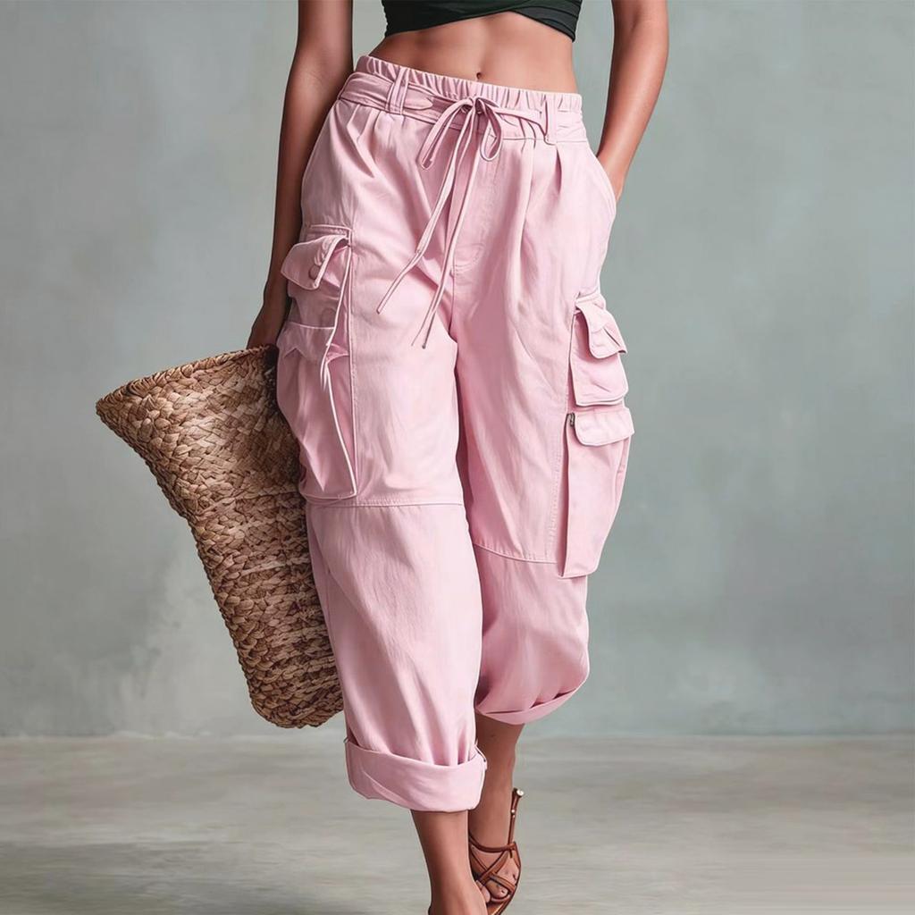 Women’s Loose Fit Straight Leg Cargo Pants with Drawstring Waist and Multiple Pockets for Casual Jogger Style Outdoor Work