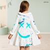 Girls High Neck Long Sleeve Printed White Blue Furry Trim Bow Waist A Line Flared Dress