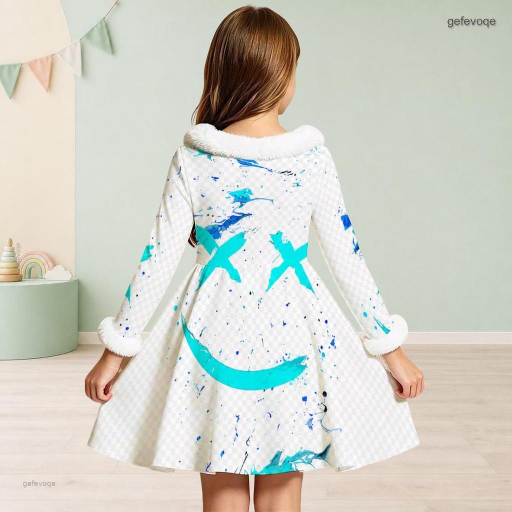 Girls High Neck Long Sleeve Printed White Blue Furry Trim Bow Waist A Line Flared Dress