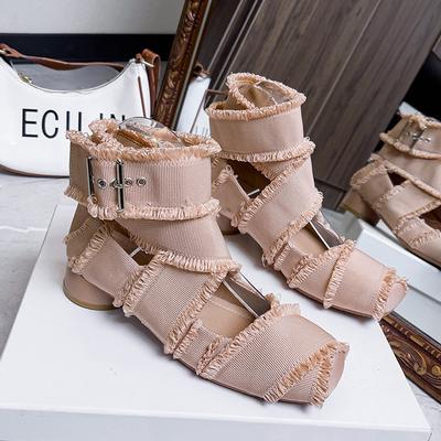 Fashion Elegant Fringe Fabric Cloth Ballerinas Ladies Round Low Heel Shoes Cross Belt Strap Mary Janes Women Cut-Out Dance Ballets Pumps