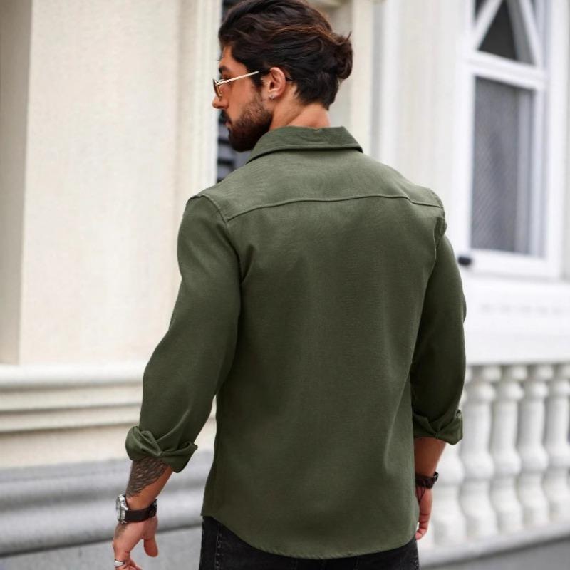 Men European American Solid Color Button Down Long Sleeve Casual Shirt With Pocket