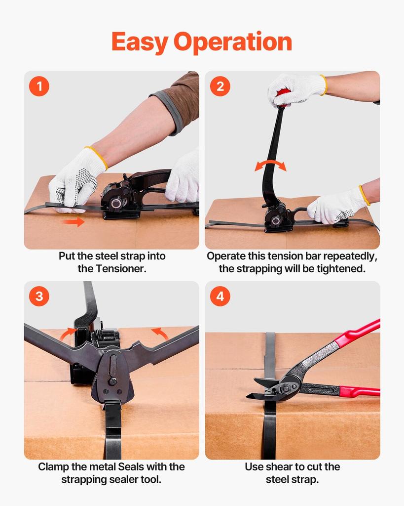 Steel Banding Strapping Kit, Heavy Duty Banding Sealer Tool with 183 M Binding Straps, 300 Metal Seals, Manual Pallet Packaging Strapping Kit for