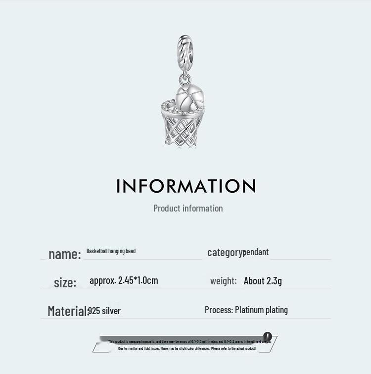 Yinziyun S925 Silber Platin-plattiert 3D Basketball Anhänger für DIY Armbänder