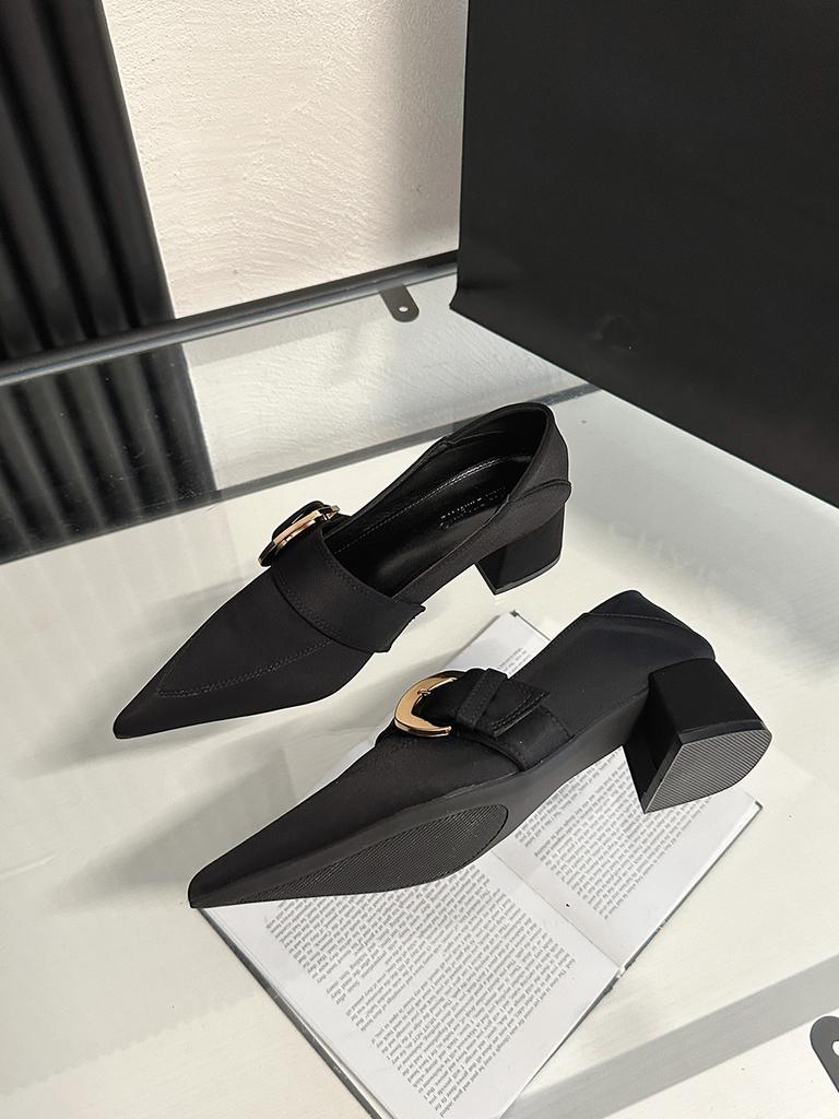 fashion Pointed Toe Women Pumps Shallow Slip On Flat Mid Heeled Belt Buckle Slip On Thick Heels Flcok/PU/Lycra Office Pumps Shoes 35-39