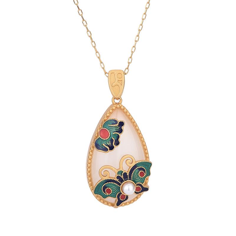 Cloisonné Enamel Necklace with 24K Gold-Plated Copper and Imitation Hetian Jade Pendant: Chinese Style Qipao Hanfu Accessory