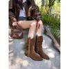 Cowhide Version Retro Medium Tube Stacking Boots Western Cowboy Boots Belt Buckle Thin Boots Pointed Thick Heel High Heel Short Boots Women