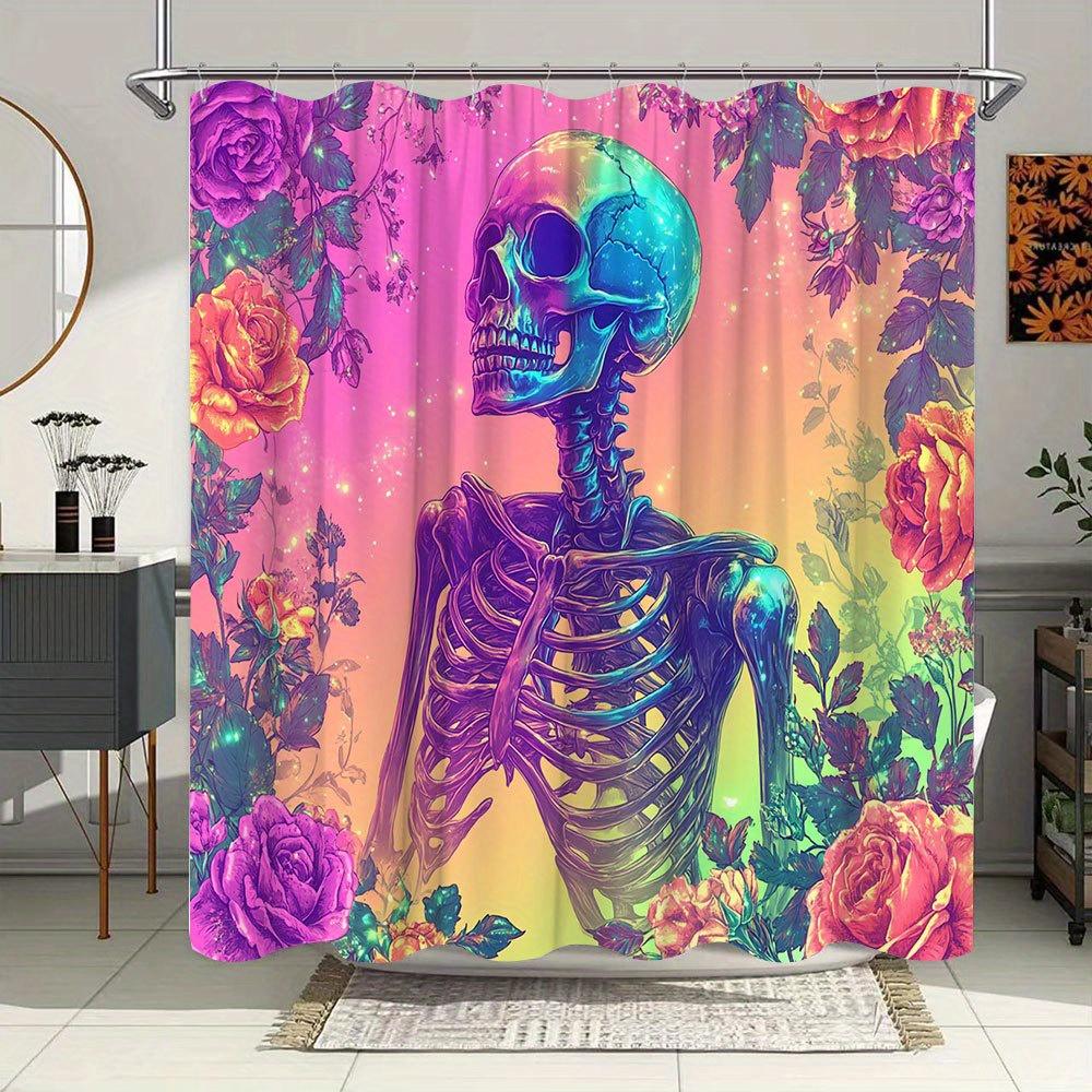 1pc Gothic Fantasy Skeleton Floral Bathtub Curtain - Detailed Bone Structure, Multicolored Aura & Lush Roses Design