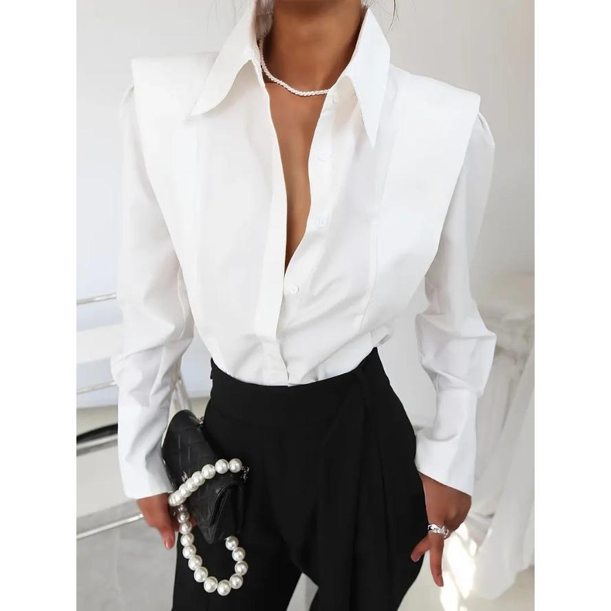 YYFS Camicette e camicie con collo a polo a maniche lunghe con stampa tinta unita primavera autunno moda casual da donna