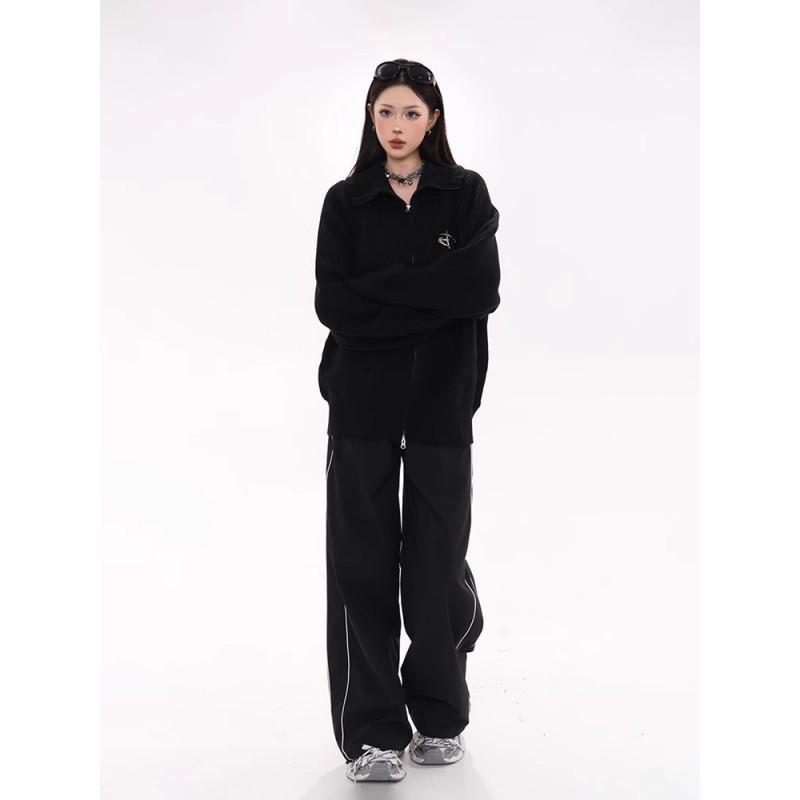 Womens Gray High Neck Zip-Up Knit Cardigan Oversized Loose Fit Winter Sweater Coat