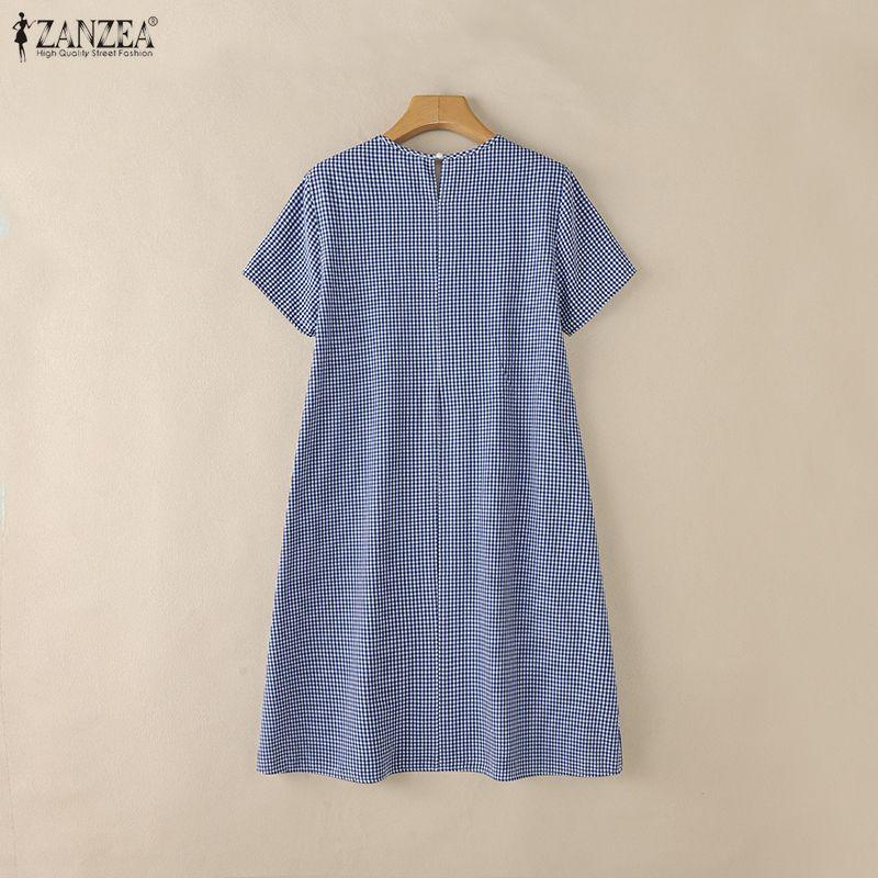 ZANZEA Rochie casual pentru femei, cu gât rotund, mânecă scurtă, imprimeu carouri