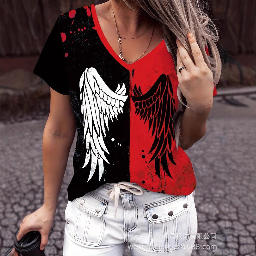 

Halloween Dark Punk Gothic Angel Wing Print V-neck Short Sleeved Women s T-shirts S