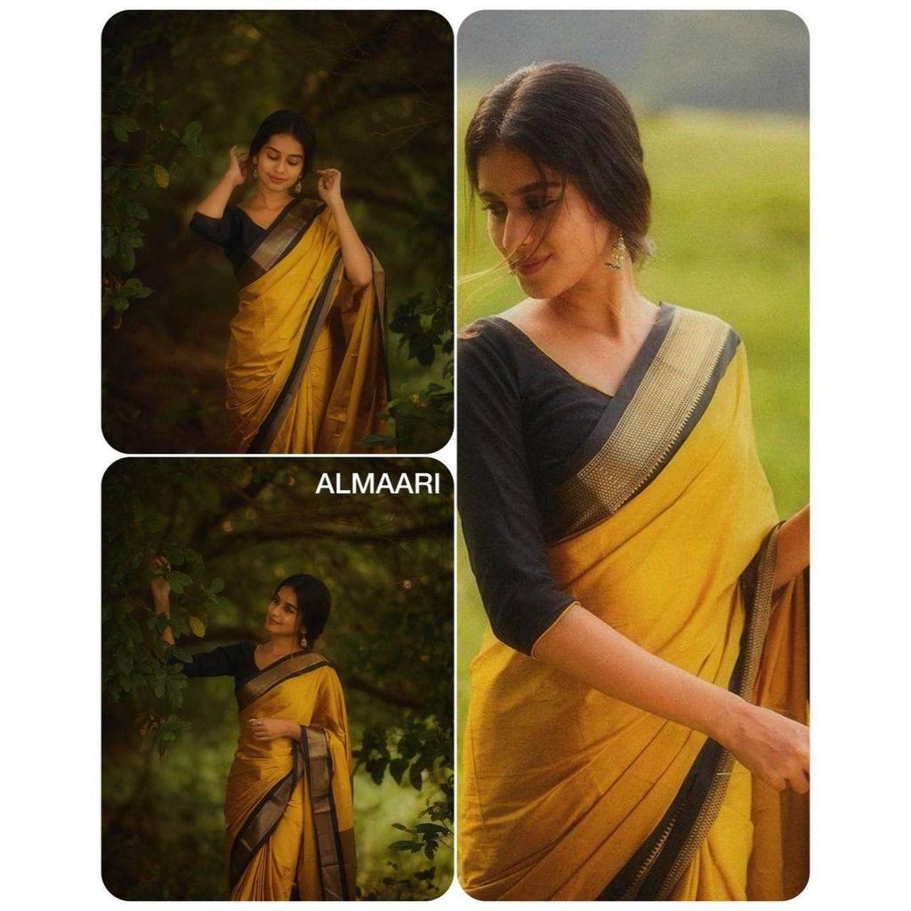 Jedwabne Saree ze sklepu ALMAARI ozdobione jest piękną pracą Zari w formie tradycyjnych motywów.