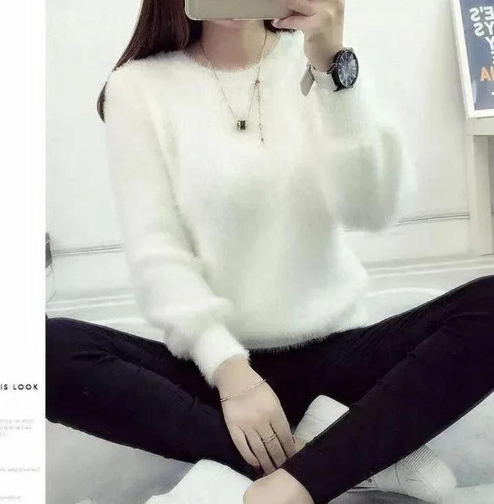 

Зимний женский свитер из норковой шерсти с флисом, с круглым вырезом, длинными рукавами-буфами, эластичный, повседневный. Женские вязаные топы, пуловеры, однотонный L белый