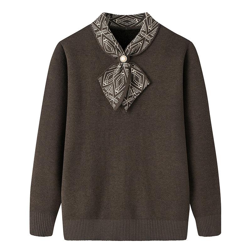 Middle-aged and Elderly Women's Autumn and Winter Clothes Knitted Bottoming Shirt Half-high Collar Plus Velvet Thickened Mother Pullover Sweater Top
