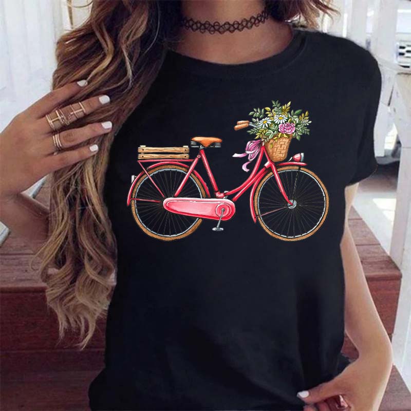 Woman Funny Bicycle Floral Print T Shirt Harajuku Women Tshirts Casual O-Neck Short Sleeves Tops Tees Shirt,Drop Shipping