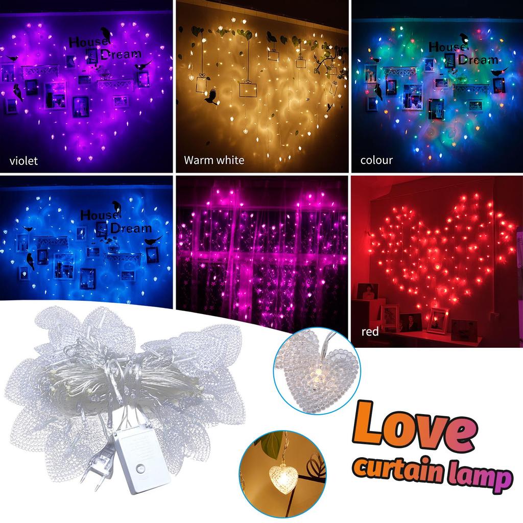 128LED Lover Heart Curtain Lights Party Wedding Outdoor Garden Decor Lamp