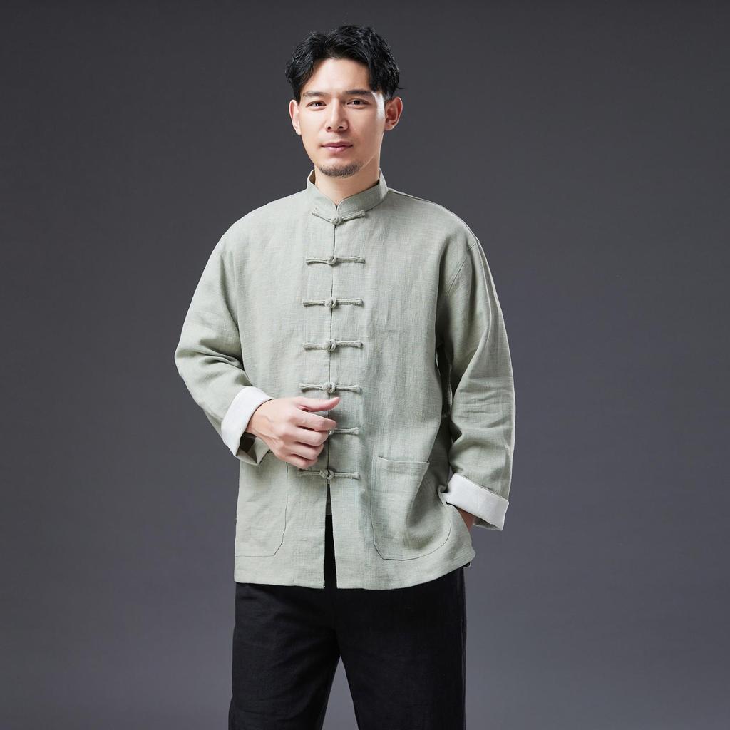 Men's Chinese Style Ramie Jacket Shirt - Casual Loose Fit with Stand Collar and Frog Buttons