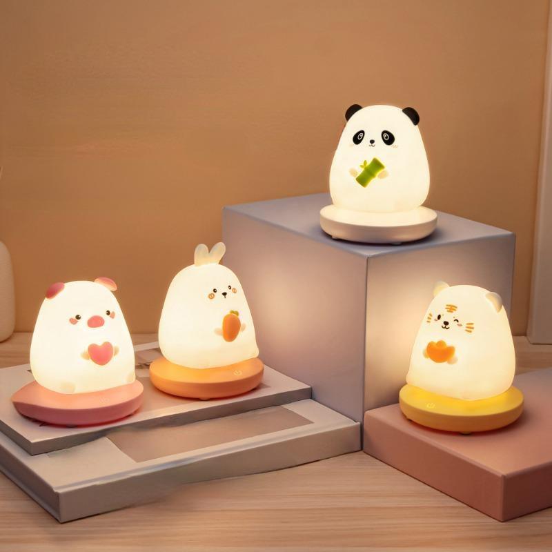 LED Night Lights for Children Bedroom Cute Animal Pig Rabbit Silicone Lamp Touch Sensor Dimmable Child Holiday Gift Rechargeable
