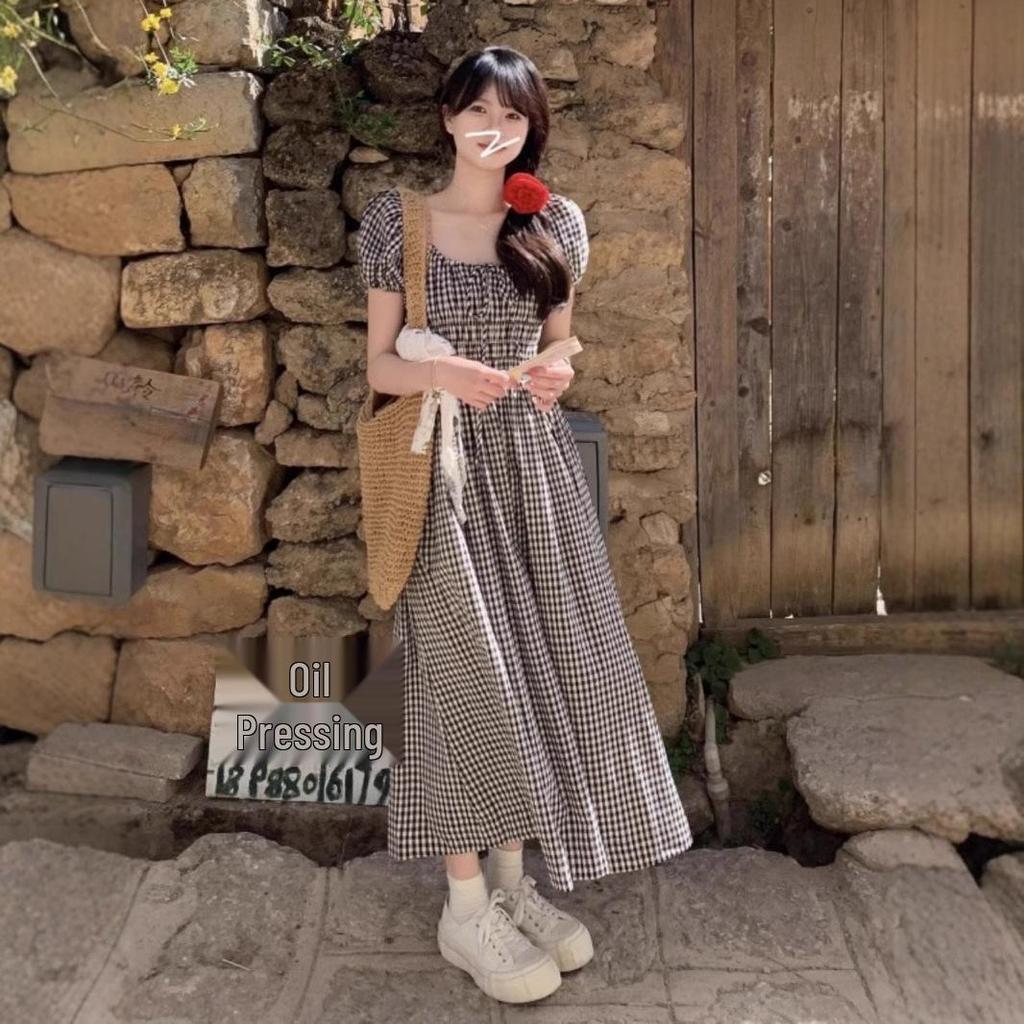 Übergröße Altersdefying Karomuster Puffärmel Quadratischer Ausschnitt Sommerkleid mit Taillen-Schlankmachendem Bindegürtel Langrock